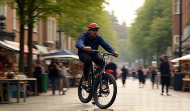 SwiftServe delivery courier cycling near street market